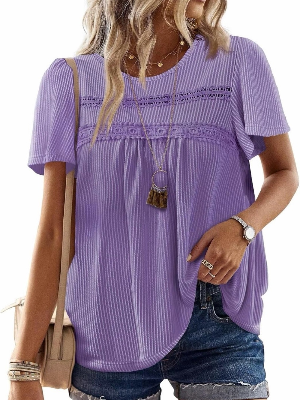Falechay Women’s Summer Tops Crewneck Short Sleeve Casual Ribbed Blouse Flowy - Picture 1 of 6